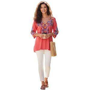 Johnny Was Deep Coral Embroidered V-neck 3/4 Sleeve Tunic Top Size S